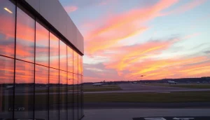 Discover Luton Airport with planes taking off against a vibrant sunset sky, showcasing the terminal.