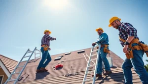 Experienced team from Twin Shield Roofing performing roof installation in bright sunlight.