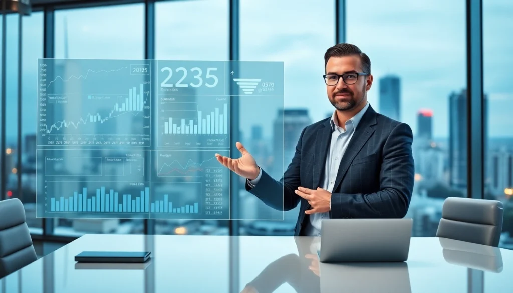 Сцена финансовых технологий 2025 года 79king с цифровыми графиками в современном офисном окружении