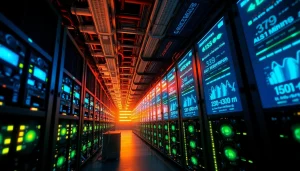 Dynamic crypto mining facility with ASIC miners and digital displays.