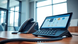 Engaging office scene illustrating a digital landline provider setup with modern communication tools.