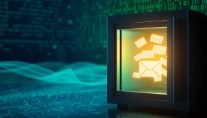 Enhance Email Security & Archiving with a digital vault visual and glowing email icons.