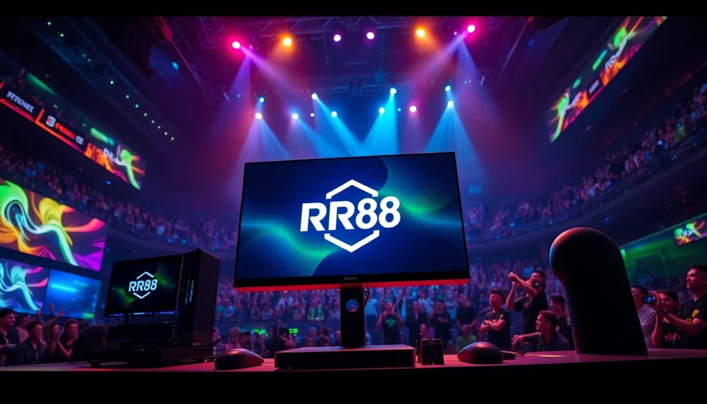 Engaging eSports scene with RR88 logo in a vibrant gaming arena, showcasing excitement and energy.