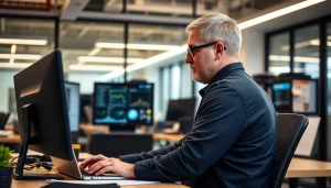 Kfz Gutachter Düren analysiert Fahrzeugschaden im Büro mit modernem Equipment.