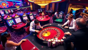 KJC AC 1 casino scene with players at roulette, poker tables, and colorful slot machines, showcasing the thrill of online gambling.