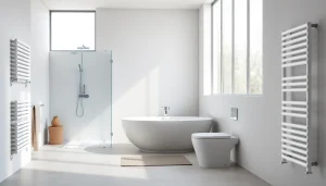 Die Produkte von sonni sanitär in einem hellen und modernen Badezimmer-Setup präsentieren.