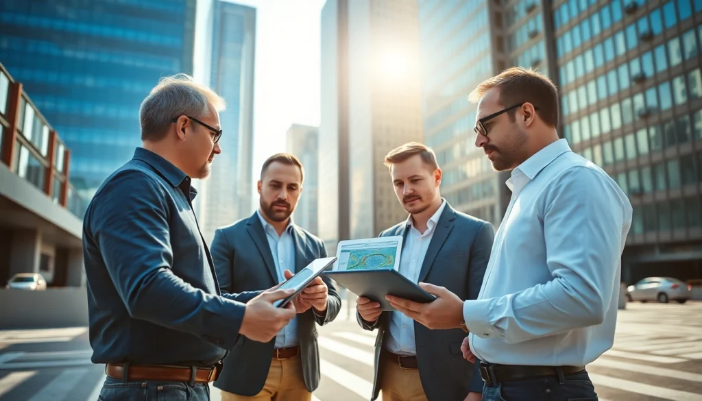 Analyze noise impact assessment data with engineers using tablets in a bright urban setting.