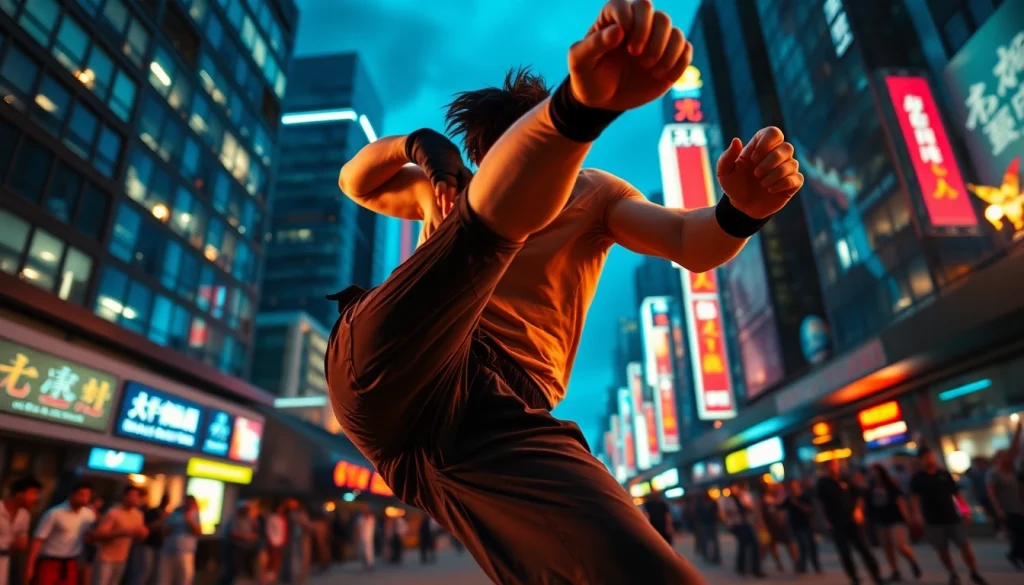 Martial Arts Thriller scene featuring a dynamic fighter executing a powerful high kick in a bustling cityscape.