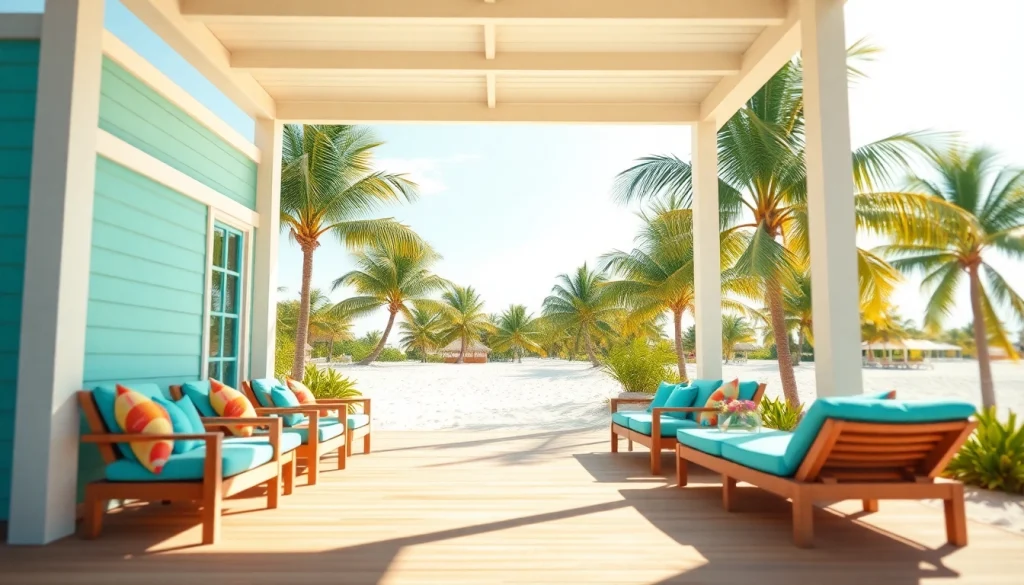 Relax and enjoy a stunning coastal cabana surrounded by palm trees and sandy beaches.
