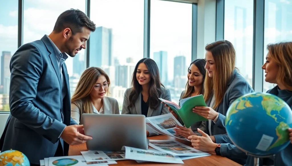 Agents collaborating on international real estate properties in a modern office setting.