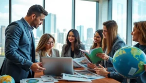 Agents collaborating on international real estate properties in a modern office setting.