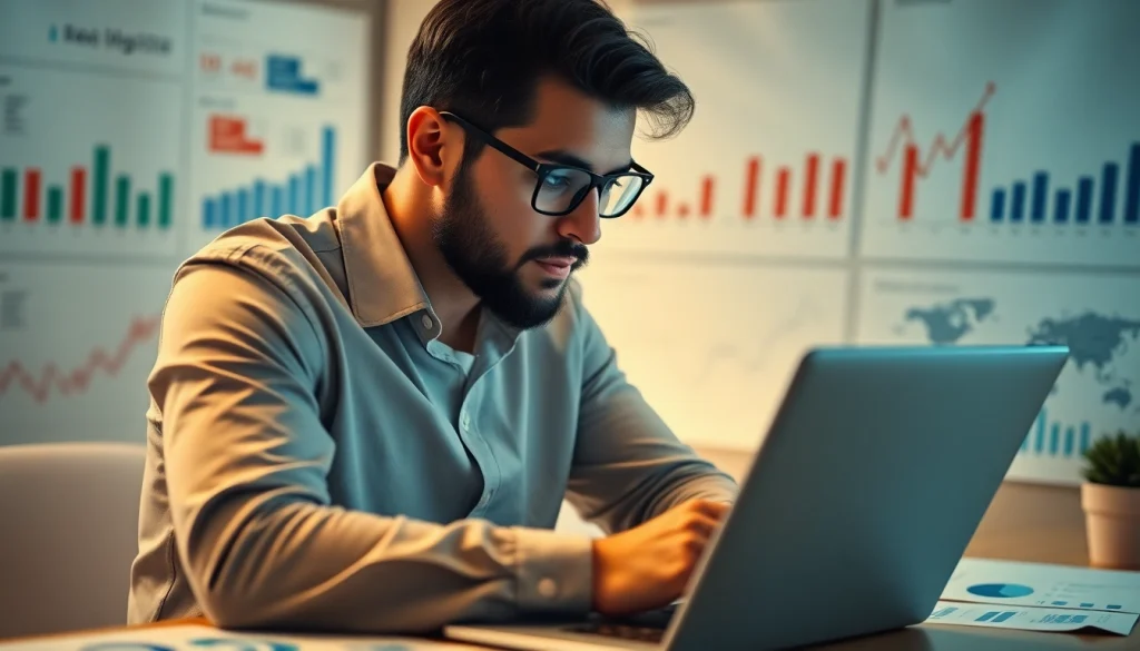 Investor using TraderBrick for real estate analysis, examining charts for optimal ROI.