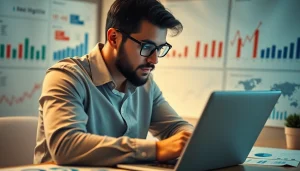 Investor using TraderBrick for real estate analysis, examining charts for optimal ROI.