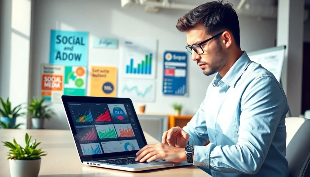 Analyze social media ads performance in a vibrant office with colorful analytics.