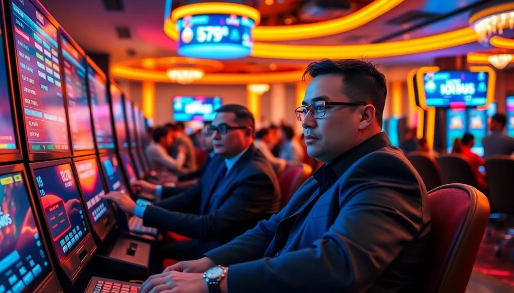 Gambling professionals engaged with Nhà Cái RR88 at a modern digital betting terminal in a vibrant setting.