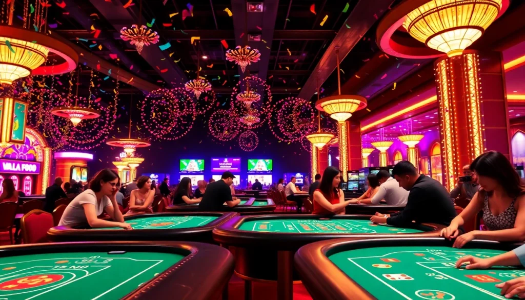 Engaging casino scene with vj88 gaming tables showcasing players' excitement.
