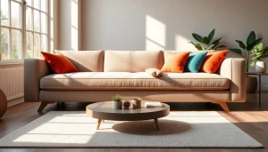 Cozy sofa bed in a modern living room with vibrant decor and warm lighting.