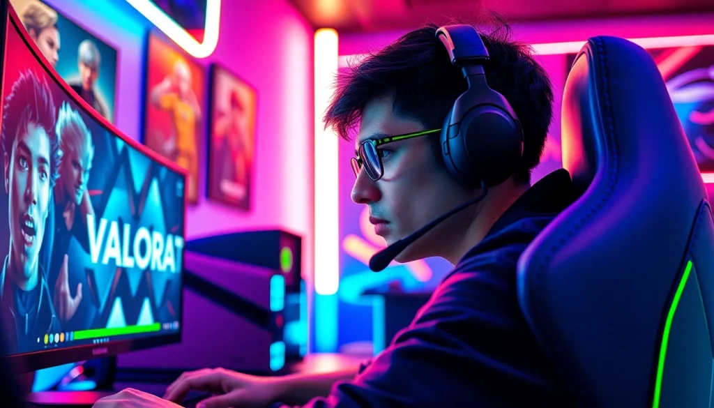 Gamer engaged in gameplay, valorant download visible on screen, showcasing high-energy setup.
