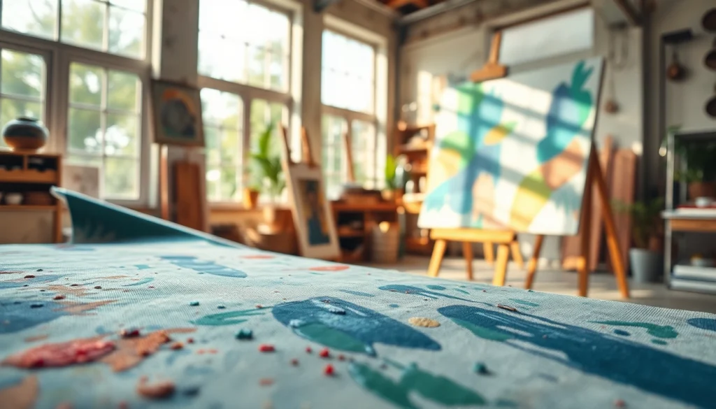Canvas stof in een kleurrijke kunststudio met verf en penselen op de voorgrond.