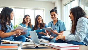 Nursing essay writing services support students collaborating in a bright study environment.