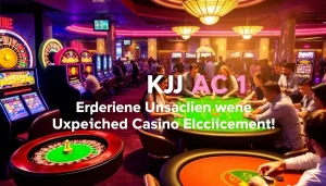 KJC AC 1 casino setting with roulette wheels, slot machines, and poker chips, showcasing the excitement of gambling.