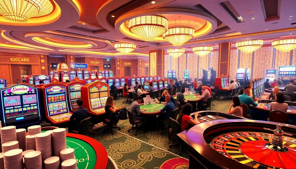 Experience the vibrant gambling world of KJC AC 1 with players enjoying casino tables and slot machines.