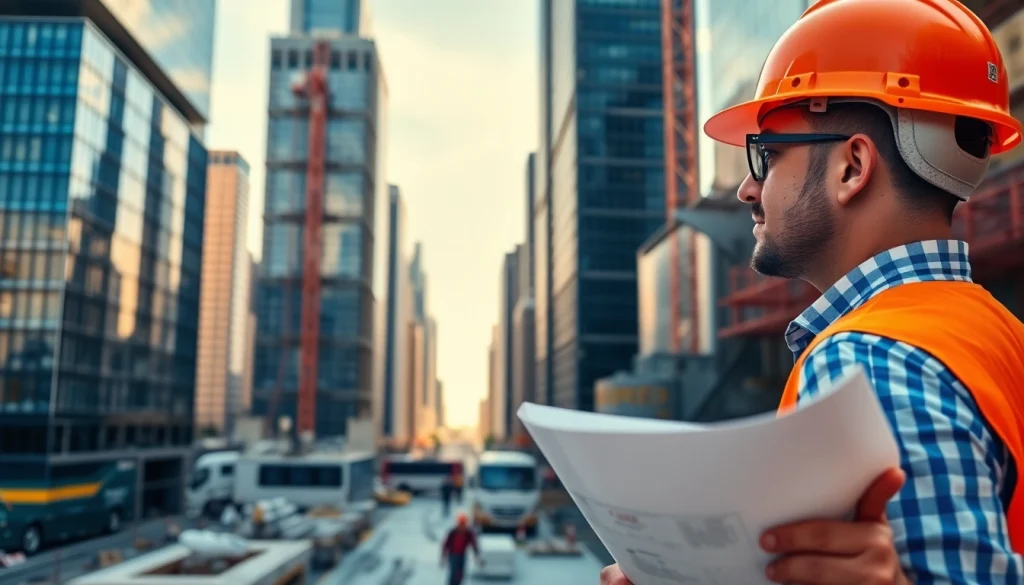 New York City Construction Manager analyzing blueprints on a busy urban construction site.