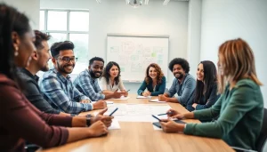 Een dynamische samenwerkingssessie bij https://www.stofnodig.nl met een diverse groep brainstormers rond een moderne tafel.