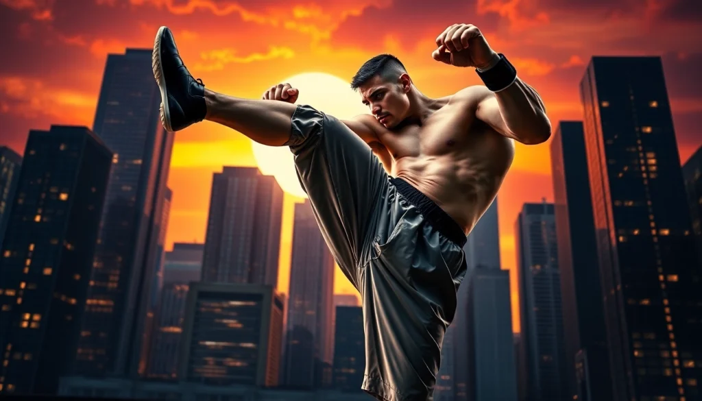 Martial Arts Thriller featuring a fighter in a dynamic kick against an urban sunset backdrop.
