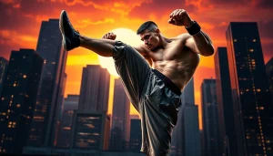 Martial Arts Thriller featuring a fighter in a dynamic kick against an urban sunset backdrop.