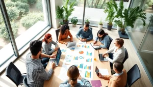 Engaged professionals strategizing marketing plans at https://fhpts.com in a modern office setting.
