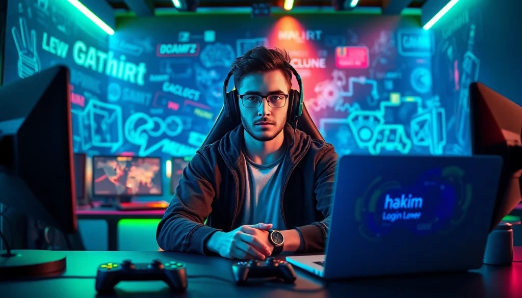 Masuk ke hakim4d login game dengan gamer profesional di latar modern.