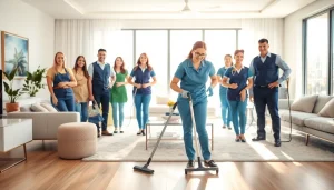 Engaging scene of a professional cleaning service team enhancing a home with meticulous attention.