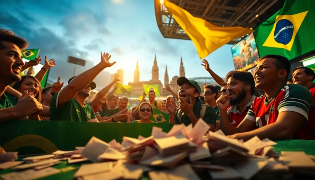 Engaging fans participating in sports betting in Brazil, celebrating a big event.