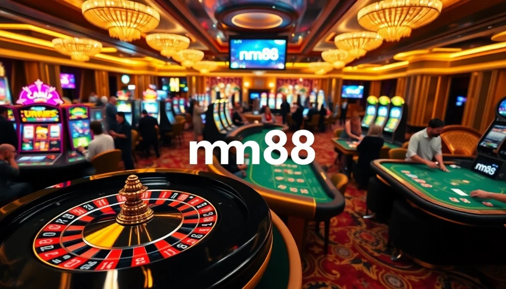 Experience the electrifying atmosphere of mm88 in a bustling casino floor with lively players and roulette wheels.