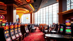 คาสิโน บรรยากาศในคาสิโนที่มีผู้เล่นหมุนสล็อตและเล่นโต๊ะเกมอย่างสนุกสนาน