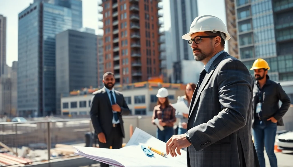 New York City Construction Manager leading a project at a bustling urban construction site.