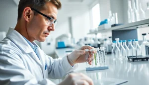 Buying peptides online in a professional lab setting with a focused chemist analyzing samples.