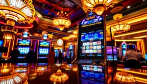 Menggambarkan pengalaman bermain QRIS108 Slot dengan antusiasme di kasino yang mewah.