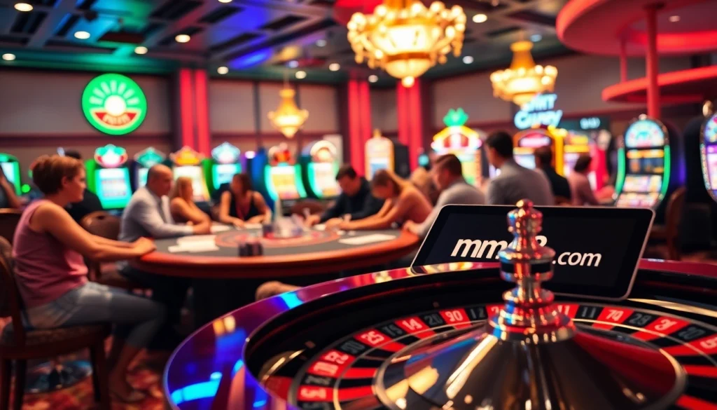 Players enjoying poker at mm88.com, with vibrant slot machines and roulette wheels in the background.