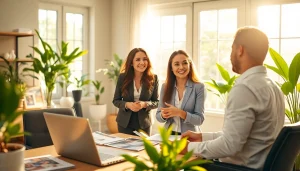 Engaging real estate agent discussing property options with clients in a stylish office setting.