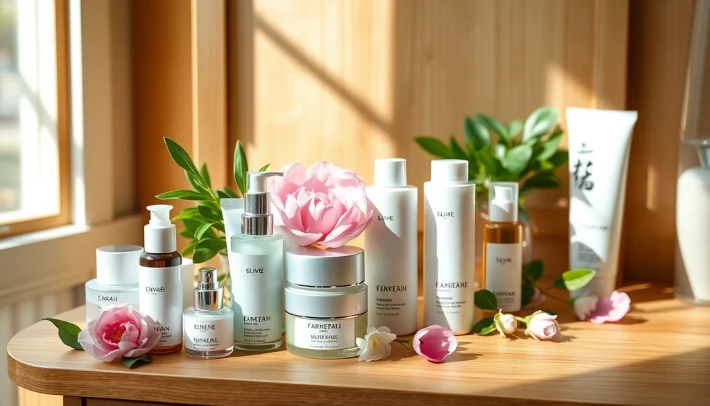 Visning av koreansk hudvård online-produkter på ett träsminkbord med koreanska hudvårdsprodukter och färska blommor.