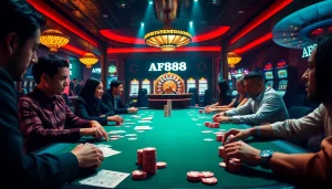 Players at a high-stakes poker table enjoying their game, with AF88 COM branding subtly featured, emphasizing luxury and excitement.
