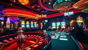 Exciting casino scene with a focus on Tha bet, featuring lively poker games and vibrant slot machines.