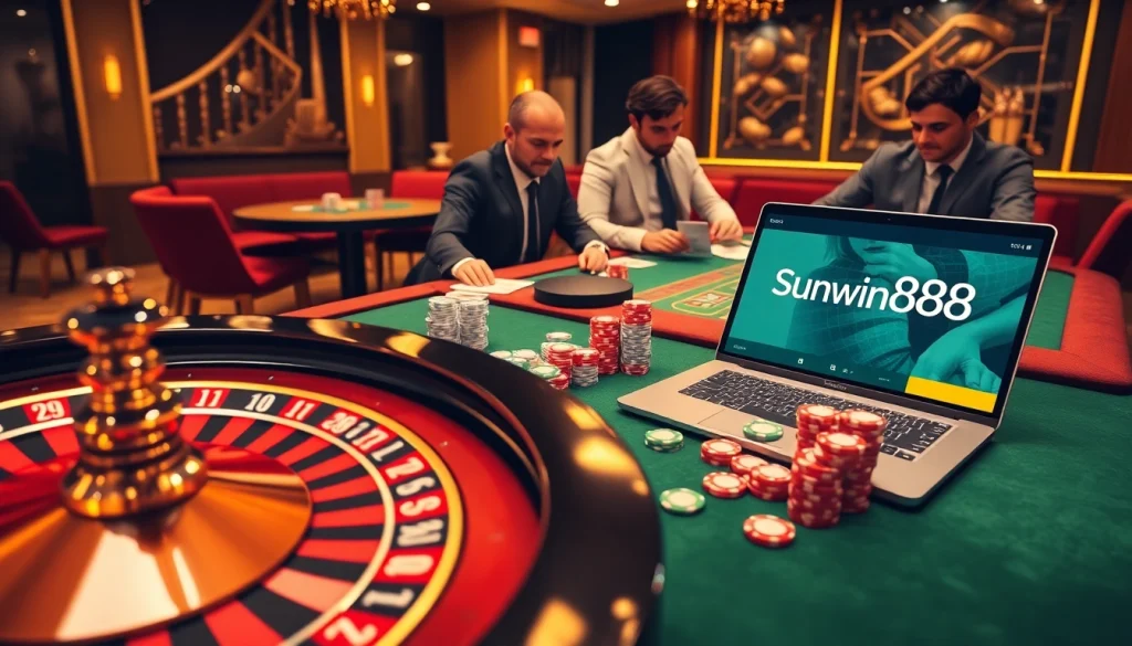 Players enjoying a thrilling casino experience at sunwin88.art with vibrant chips and a roulette wheel.