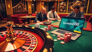 Players enjoying a thrilling casino experience at sunwin88.art with vibrant chips and a roulette wheel.