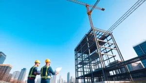 Showcasing steel structure design with construction workers collaborating on modern steel framework.