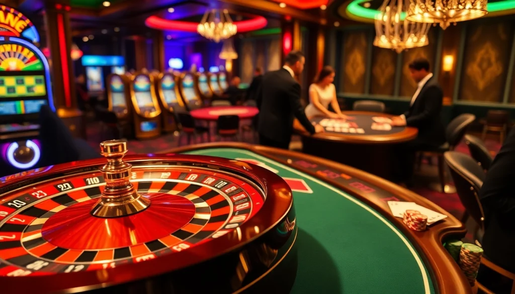 A thrilling casino scene at hi88.photo featuring a roulette wheel and elegant players capturing the excitement of gambling.