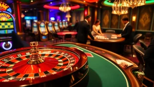 A thrilling casino scene at hi88.photo featuring a roulette wheel and elegant players capturing the excitement of gambling.