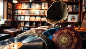 Explore gramaphone records beautifully showcased in a cozy music shop setting.